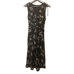 Sleeveless Floral Dress Black‎ Beige Midi Ruched Cocktail Party Wedding Guest